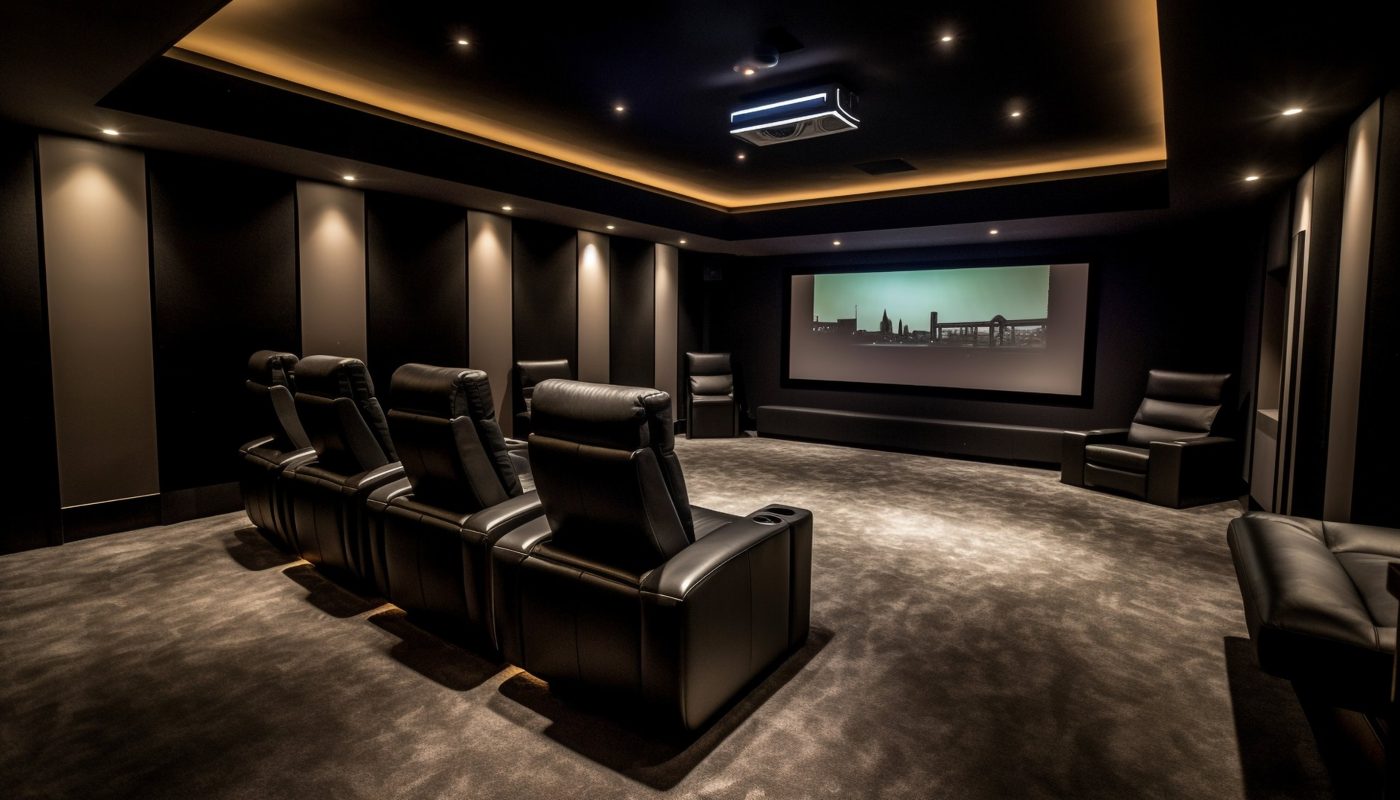 Home theatre room with leather recliner seats, ambient ceiling lighting and a large screen